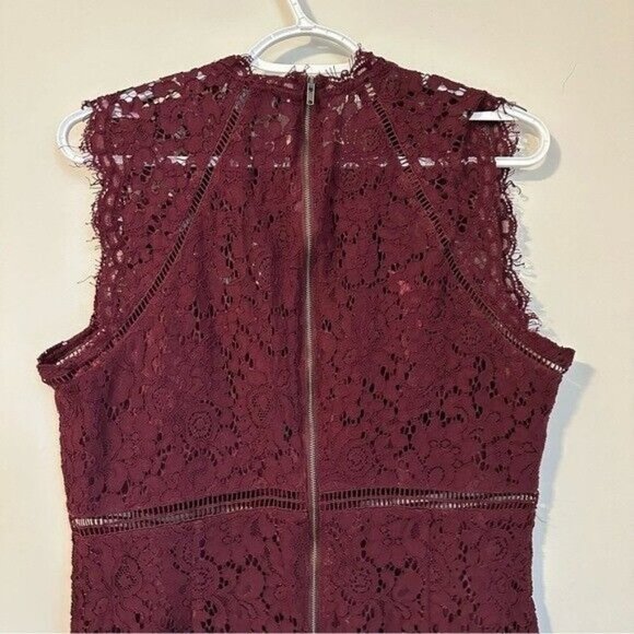 Bardot  Womens Burgundy Lace Zippered Mock Neck Floral Cocktail Sheath Dress 10 - Picture 5 of 12